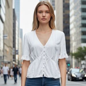 🌻Madewell White V-Neck Linen Blend Peplum Popover Top Size 10